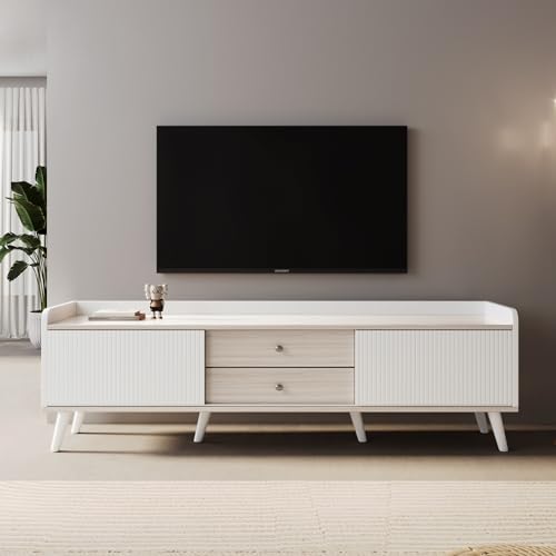 DUlVBPE TV-Schrank mit Zwei Schubladen, Fernsehtisch TV Board, TV- Lowboard niedrige Platte mit Zwei Schiebetüren. Exquisite Textur. Weiß und natürliches Holzfarbe. H58/L160/T40 cm. von DUlVBPE