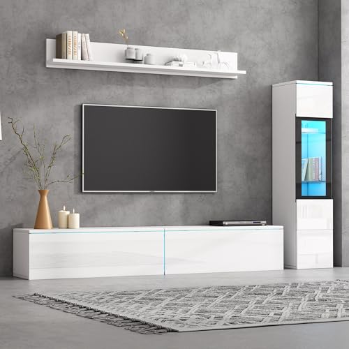 DUlVBPE TV Wohnwand Set 3-teilig LED Beleuchtung Hochglanz Weiß Wohnzimmer Möbel Set Frontale Wohnwand Weiß 1 x TV Schrank, 1 x Wohnzimmer Vitrine, Hängeregal DUlVBPE TV Wohnwand Set 3-teilig LED Beleuchtung Hochglanz Weiß Wohnzimmer Möbel Set Frontale Wohnwand Weiß 1 x TV Schrank, 1 x Wohnzimmer Vitrine, Hängeregal von DUlVBPE