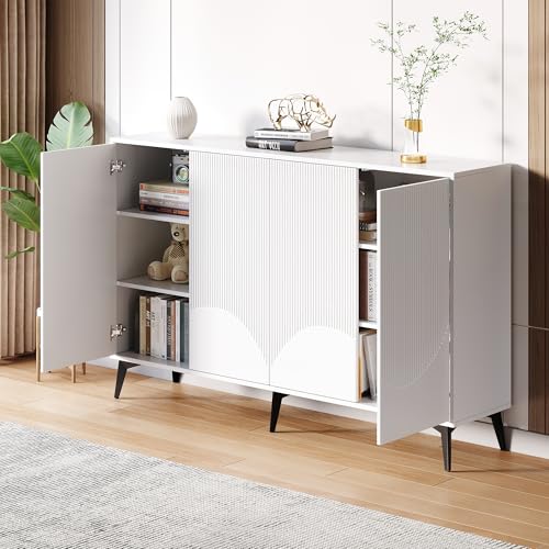 DUlVBPE Weiß Sideboard Breite 160 cm, Multifunktionales Sideboard,Kommode, Highboard mit verstellbaren Einlegeböden, 4 Türen, Metallbeine von DUlVBPE