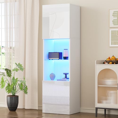 DUlVBPE Weiße Hochglanzvitrine mit LED-Beleuchtung, 1 Glasböden, 45 * 35 * 160 cm, Vitrinen, freistehende Vitrinen, Hochschränke, Lagerschränke von DUlVBPE