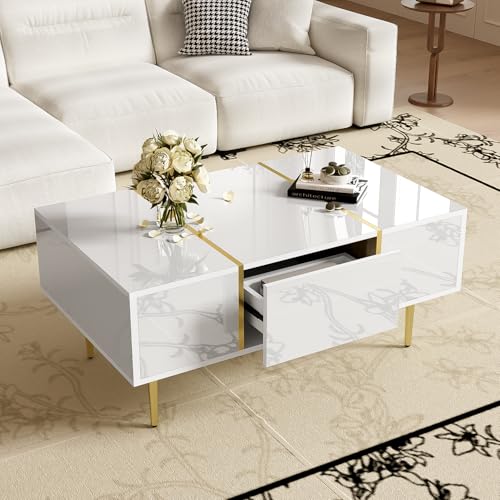 DUlVBPE Weißer Couchtisch mit Hochglanz, modern und schlicht, mit 2 Schubladen von DUlVBPE