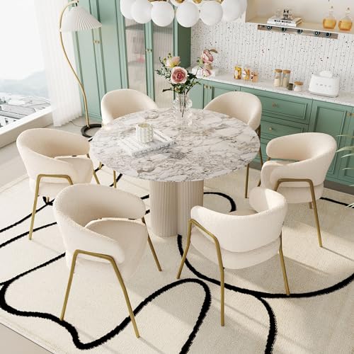 DUlVBPE Weißer Esszimmerstuhl Moderner Lamm Samt Spraygold Esszimmerstuhl in Gold-Finish (6 st),mit Goldene Beine von DUlVBPE