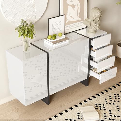 DUlVBPE Weißer Hochglanz-Sideboard, moderner und Schlichter Anrichte mit 2 Türen und 4 Schubladen, leicht zu reinigen, ideal für Wohnzimmer oder Esszimmer von DUlVBPE