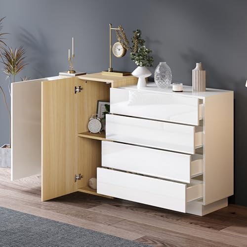 DUlVBPE Weißes Hochglanz-Sideboard, Moderner Esszimmerschrank mit Stauraum, Minimalistischer holzfarbener moderner Aufbewahrungsschrank von DUlVBPE