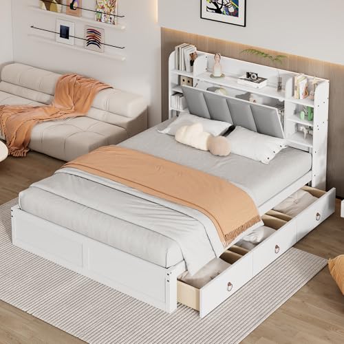 Doppelbett, Offenes Regal, Drei Schubladen mit Rollen, Griffe aus Metall, Ablagefach mit herunterklappbarer Tür, Rahmen aus Kiefer, Heranwachsende und Erwachsene, Kiefer+MDF, Weiß+Grey, 140x200CM Doppelbett, Offenes Regal, Drei Schubladen mit Rollen, Griffe aus Metall, Ablagefach mit herunterklappbarer Tür, Rahmen aus Kiefer, Heranwachsende und Erwachsene, Kiefer+MDF, Weiß+Grey, 140x200CM von DUlVBPE