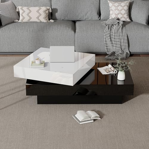 Drehbarer Couchtisch mit schwarzer und weißer Naht, moderner, Schlichter Couchtisch mit Hochglanzoberfläche, doppelschichtiger Mitteltisch aus Spanplatte, geeignet für das Wohnzimmer Einer Wohnung von DUlVBPE