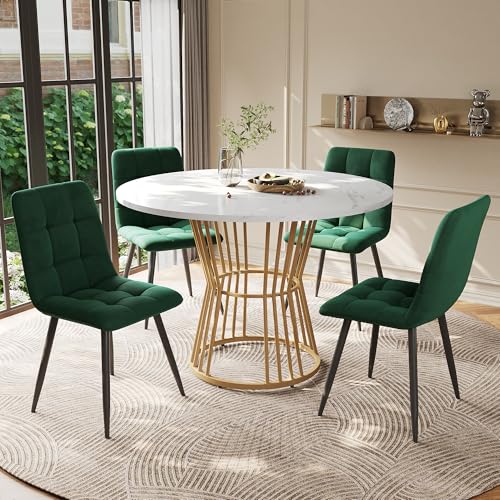 Esstisch-Set (5-teilig), Esstisch-Set mit 4 Stühlen, Küchentisch-Set, runder Esstisch mit 100 cm Durchmesser und goldenen Metallbeinen, weiße MDF-Tischplatte, grüne Samt-Esszimmerstühle von DUlVBPE