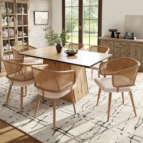 Esstisch und Stühle Set (7 Stück), Holzmaserung Esstisch und Stühle Set, einzigartige Form Design, mit 6 Rattan zurück Stühle, PU-Leder umhüllt Kissen, stilvoll und einfach Haushalt Möbel von DUlVBPE