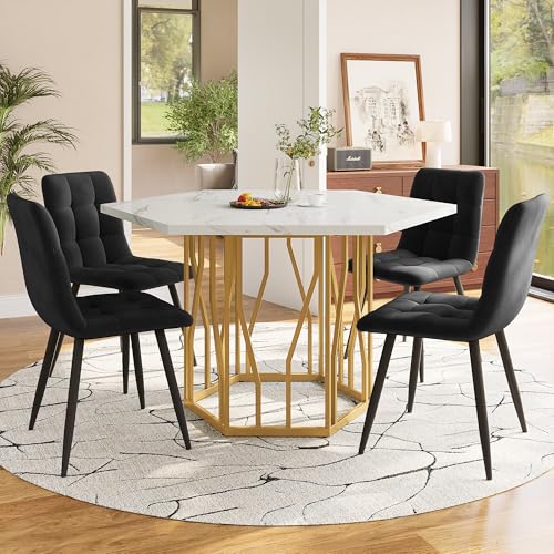 Esstisch- und Stuhlset (5-teiliges Set), moderner sechseckiger Marmor-Esstisch + 4 Esszimmerstühle aus schwarzem Samt, um ein warmes und modernes Restaurant zu schaffen, Goldfarbene Tischbeine von DUlVBPE