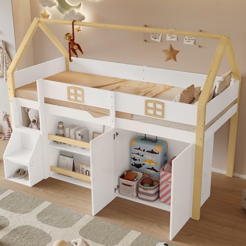 Etagenbett, Holzbett, Hochbett, Sichere zweistufige Aufbewahrungsleiter, Reichlich Stauraum mit Regale und Kleiderschrank, Exquisites Dach und Fenster, Robuste Fallschutzzäune, Weiß+Natur, 90x200cm Etagenbett, Holzbett, Hochbett, Sichere zweistufige Aufbewahrungsleiter, Reichlich Stauraum mit Regale und Kleiderschrank, Exquisites Dach und Fenster, Robuste Fallschutzzäune, Weiß+Natur, 90x200cm von DUlVBPE