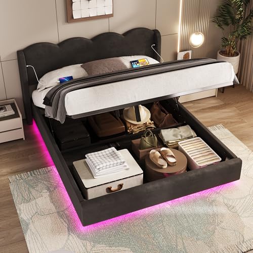 Gepolsterter Bettrahmen, wellenförmiger flacher Nudelrahmen Bettrahmen, geeignet für Doppelbett, mit LED-Licht, USB+C Schnittstelle Aufladung und großem Stauraum, Samtstoff (Black 160cm × 200cm) von DUlVBPE