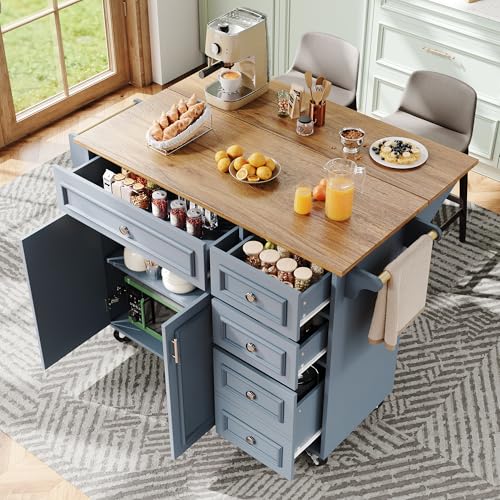 Kücheninsel(110×45-75×92cm),Modernes Küchensiland,Küchenschrank, Abnehmbare Servierwagen buffetschrank,Speisewagen mit Vintage-Muster,buffetschrank,Multifunktionale Esstisch mit Speicherraum,Blau von DUlVBPE