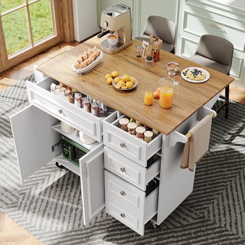 Kücheninsel(110×45-75×92cm),Modernes Küchensiland,Küchenschrank,Abnehmbare Servierwagen buffetschrank,Speisewagen mit Vintage-Muster,buffetschrank, Multifunktionale Esstisch mit Speicherraum,weiß von DUlVBPE