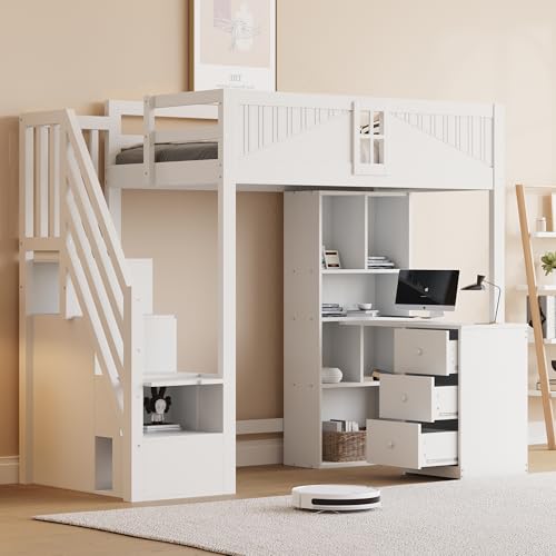 Massivholz-Hochbett 90 x 200 cm, Einzigartig Sicherheitsgitter mit Fenster, Mit Stauschränken, Schreibtisch und Schubladen, Seitliche Stauraum-Sicherheitsleiter Links Oder Rechts Austauschbar, Weiß Massivholz-Hochbett 90 x 200 cm, Einzigartig Sicherheitsgitter mit Fenster, Mit Stauschränken, Schreibtisch und Schubladen, Seitliche Stauraum-Sicherheitsleiter Links Oder Rechts Austauschbar, Weiß von DUlVBPE