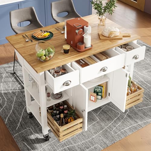 Moderne Kücheninsel (120×45×90cm) Küchenschrank Essschrank Esszimmerwagen Esszimmerwagen Holzmaserung Esszimmerwagen Esszimmerschrank Multifunktions-Esstisch mit Kiefernkorb Aufbewahrungskorb, weiß von DUlVBPE