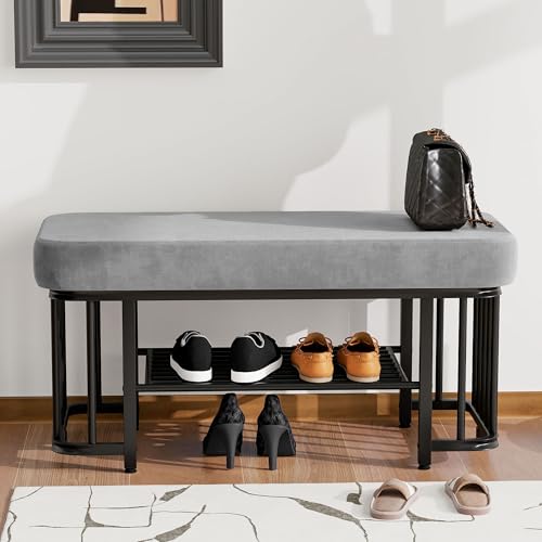 Moderne Schuhbank mit Sitzfläche aus Samt und stabilem Metallgestell Platzsparende Flurbank mit verstellbaren Füßen Ideal als Schuhbank für Flur Schlafzimmer und kleine Wohnungen (Grau+Schwarz) von DUlVBPE