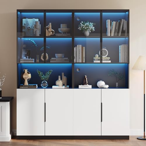 Moderne minimalistische Vitrine mit Glastüren, Vitrine mit LED-Leuchten, Bücherregal für Sammlerstücke, einstellbare Farbtemperatur und Helligkeit, weiße Türen mit schwarzer Dekoration, 30*160*200cm von DUlVBPE