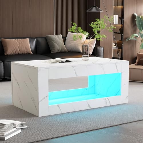 Moderner LED-Couchtisch, für Wohnzimmer, Sofatisch, Wohnzimmertisch,Hochglanz-Couchtisch mit Fernbedienung, großer mit Marmordruck (weiß) von DUlVBPE