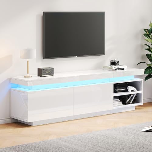 Moderner Lowboard Hochglanz-TV-Schrank mit LED-Beleuchtung, TV-Board, TV-Kommode, geeignet für 70-Zoll-TVs,Tisch, universeller Gaming-Medienständer, Aufbewahrungsschrank und großer Stauraum, weiß von DUlVBPE