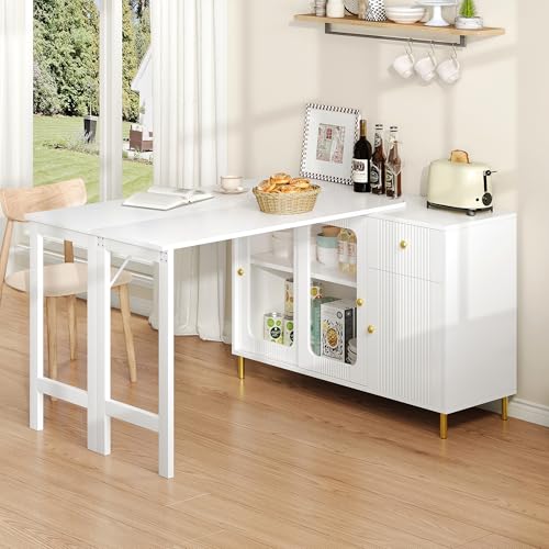 Moderner weißer Buffet-Sideboard mit klappbarer und ausziehbarer Tischplatte, drehbarer Oberfläche, goldenen Metallbeinen, Glasschiebetüren und Wellenmuster – Perfekt für Esszimmer und Küche Moderner weißer Buffet-Sideboard mit klappbarer und ausziehbarer Tischplatte, drehbarer Oberfläche, goldenen Metallbeinen, Glasschiebetüren und Wellenmuster – Perfekt für Esszimmer und Küche von DUlVBPE