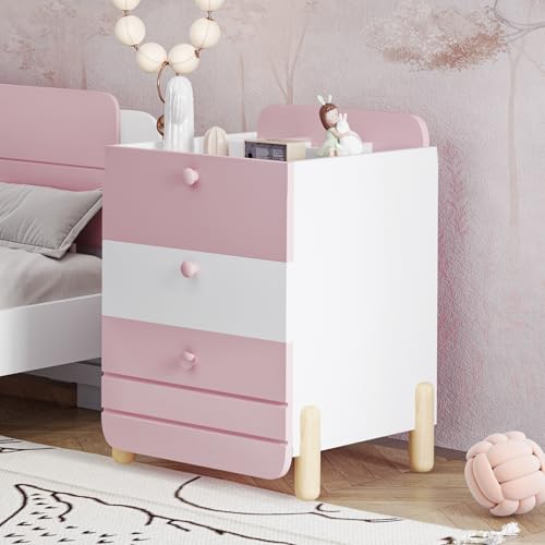 Nachttisch mit 3 Schubladen mit Einlegeböden, Geräuschloses Schubladendesign, Exquisite Holzfarbene Füße, Stauraum im Wohn- und Schlafzimmer, Einzigartige Form und Minimalistisches Design, Rosa Nachttisch mit 3 Schubladen mit Einlegeböden, Geräuschloses Schubladendesign, Exquisite Holzfarbene Füße, Stauraum im Wohn- und Schlafzimmer, Einzigartige Form und Minimalistisches Design, Rosa von DUlVBPE