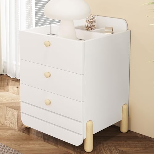 Nachttisch mit 3 Schubladen mit Einlegeböden, Geräuschloses Schubladendesign, Exquisite Holzfarbene Füße, Stauraum im Wohn- und Schlafzimmer, Einzigartige Form und Minimalistisches Design, Weiß Nachttisch mit 3 Schubladen mit Einlegeböden, Geräuschloses Schubladendesign, Exquisite Holzfarbene Füße, Stauraum im Wohn- und Schlafzimmer, Einzigartige Form und Minimalistisches Design, Weiß von DUlVBPE