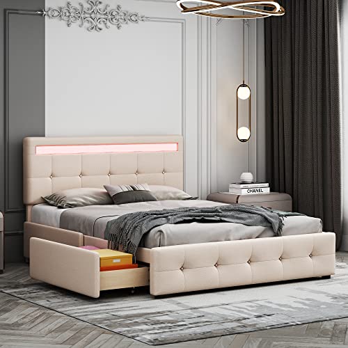 Polsterbett 140 x 200 cm mit LED, Lattenrost & Bettkasten auf Rollen,, Einzelbett mit Kopfteil & 4 Schubladen, hautfreudliches Leinen-Oberfläche Kinderbett Jugendbett Gästebett, beige (ohne Matratze) Polsterbett 140 x 200 cm mit LED, Lattenrost & Bettkasten auf Rollen,, Einzelbett mit Kopfteil & 4 Schubladen, hautfreudliches Leinen-Oberfläche Kinderbett Jugendbett Gästebett, beige (ohne Matratze) von DUlVBPE