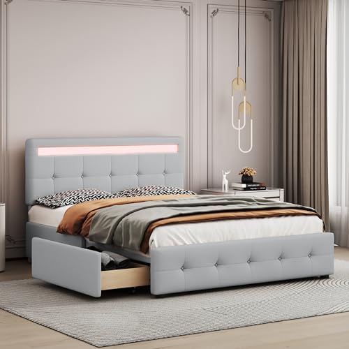 Polsterbett 140 x 200 cm mit LED, Lattenrost & Bettkasten auf Rollen,, Einzelbett mit Kopfteil & 4 Schubladen, hautfreudliches Leinen-Oberfläche Kinderbett Jugendbett Gästebett, grau (ohne Matratze) Polsterbett 140 x 200 cm mit LED, Lattenrost & Bettkasten auf Rollen,, Einzelbett mit Kopfteil & 4 Schubladen, hautfreudliches Leinen-Oberfläche Kinderbett Jugendbett Gästebett, grau (ohne Matratze) von DUlVBPE
