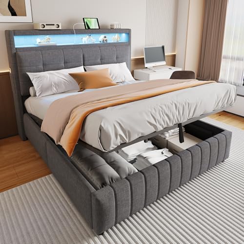 Polsterbett 160*200 cm, mit LED-Beleuchtung und USB-Steckdose,Kopfteil mit Ablagen und Stauraum, mit hydraulischem Stauraum mit Ablagefächern,Doppel-Erwachsenenbett mit Lattenrost,Leinenstoff Grau von DUlVBPE