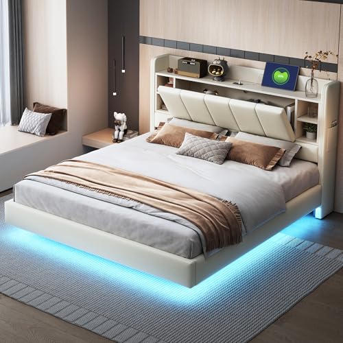 Polsterbett 160 x 200 cm, Mit USB-Steckdose und Lichtleiste, Wendbares Kopfteil mit Ablagefächern und Einlegeböden mit kleinen Ablagefächern, Stabiler Metallrahmen, Leinenstoff, Doppelbett Beige von DUlVBPE