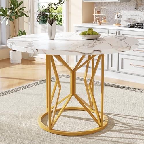 Runder Esstisch (100×100×76cm), Küchentisch,, Runder Kaffeetisch für 4-6,geeignet für Esszimmer,Wohnzimmer,Tischbeine aus Metall,Geometrische Tischbeine,Tischplatte aus marmoriertem MDF mit goldenen von DUlVBPE