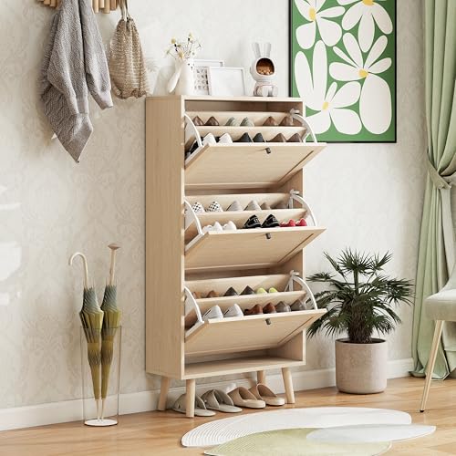 Schuhschrank(60x24x121)Ein Schuhschrank mit drei Ebenen in natürlicher Farbgebung und Boho-Stil mit gestreiftem, überkreuztem Design,121 cm hoch.Ideal für Eingangsbereiche,Flure und ähnliche Räume. von DUlVBPE