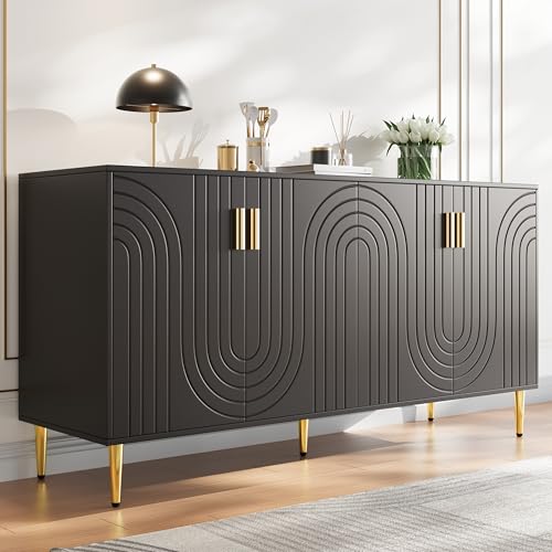 Schwarzes Sideboard (152 x 40 x 75 cm) mit einzigartigem Wellendesign und goldenen Griffen und Füßen, das einen eleganten Essbereich schafft von DUlVBPE