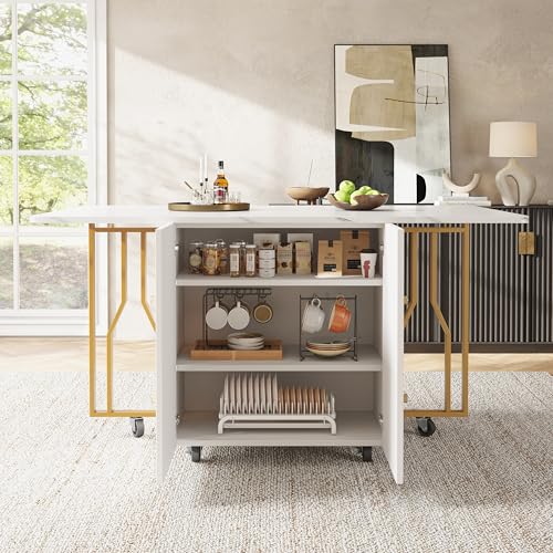 Tragbarer Esstisch, klappbare Tischplatte, marmorierte Tischplatte, geeignet für Esszimmer, Wohnzimmer, verstellbare Trennwände, große Ablagefächer, 6 Rollen (2 feststellbar), goldene Tischbeine von DUlVBPE