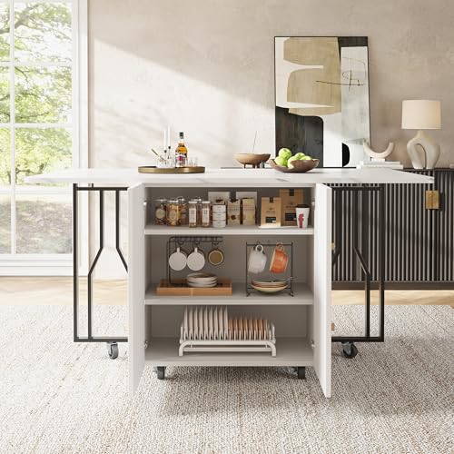 Tragbarer Esstisch, klappbare Tischplatte, marmorierte Tischplatte, geeignet für Esszimmer, Wohnzimmer, verstellbare Trennwände, großes Staufach, 6 Rollen (2 feststellbar), Schwarze Tischbeine von DUlVBPE