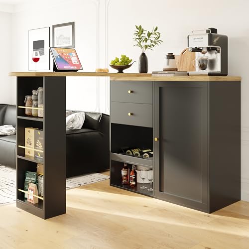 Um 360° drehbarer Bartisch (Hauptkörper 105 x 39 x 102 cm), mit 2 Schubladen und Schiebetürschrank, 3 Ebenen offener Stauraum, geeignet für Esszimmer/Arbeitszimmer/Wohnzimmer usw von DUlVBPE