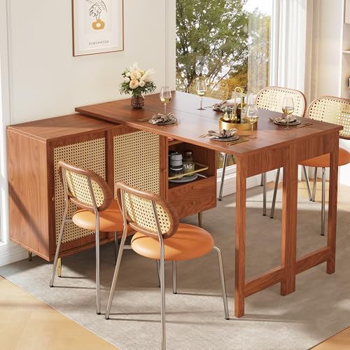 Um 360° drehbarer Stehtisch (Hauptkörper: 107 x 40 x 71,4 cm), brauner Stehtisch mit erweiterbarem Design, Aufbewahrungsschrank mit Rattantür + offenes Lagerregal, geeignet für Küche und Esszimmer von DUlVBPE