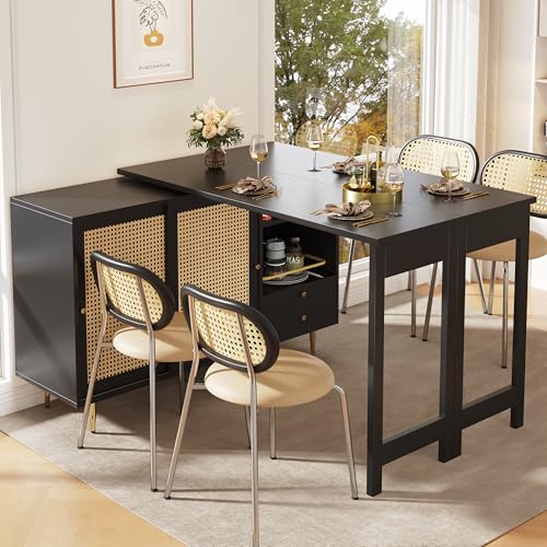 Um 360° drehbarer Stehtisch (Hauptkörper: 107 x 40 x 71,4 cm), schwarzer ausziehbarer Design-Stehtisch, Aufbewahrungsschrank mit Rattantür + offenes Lagerregal, geeignet für Küche und Esszimmer von DUlVBPE