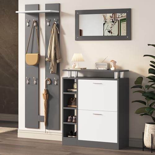 Wandgarderoben-Set 80 x 25 x 96.5 cm, inkl. Spiegel, 2 Wandpaneelen, einer Regalwand und einem Schuhschrank, Korpus anthrazitgrau matt, Flurmöbel, Flurtrockenständer, Flurgarderobe, Schuhwechsler-Set, Wandgarderoben-Set 80 x 25 x 96.5 cm, inkl. Spiegel, 2 Wandpaneelen, einer Regalwand und einem Schuhschrank, Korpus anthrazitgrau matt, Flurmöbel, Flurtrockenständer, Flurgarderobe, Schuhwechsler-Set, von DUlVBPE