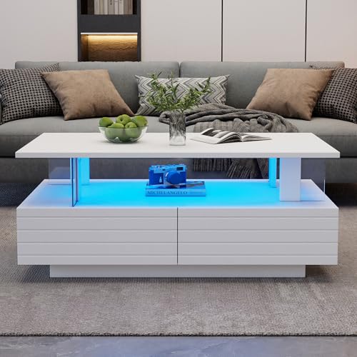 Weißer LED-Couchtisch mit Aufbewahrungsfunktion, Acryl-LED-wohnzimmertisch, beistelltisch, doppelschichtiger rechteckiger Couchtisch mit Bluetooth-Handy-App-Steuerung, geeignet für Partys, Büros Weißer LED-Couchtisch mit Aufbewahrungsfunktion, Acryl-LED-wohnzimmertisch, beistelltisch, doppelschichtiger rechteckiger Couchtisch mit Bluetooth-Handy-App-Steuerung, geeignet für Partys, Büros von DUlVBPE