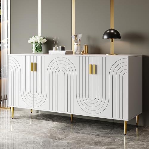 Weißes Sideboard (152 x 40 x 75 cm) mit einzigartigem Wellendesign und goldenen Griffen und Füßen für einen eleganten Essbereich von DUlVBPE