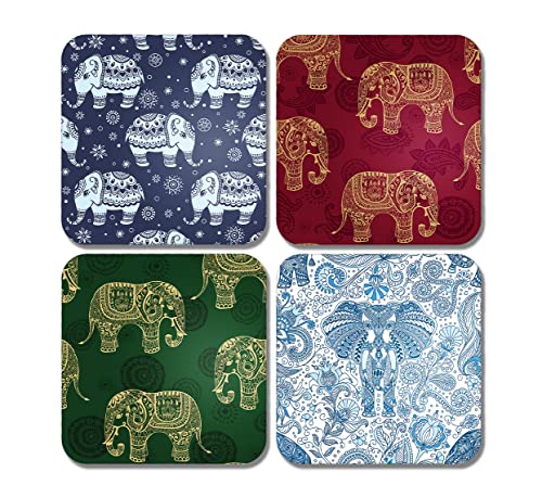 4 x quadratische indische Elefanten Untersetzer – Muster Tierkunst Buntes Set Thema Geschenk #78370 von DV DESIGN