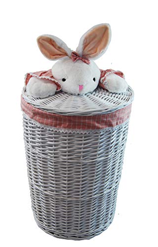 DVier Wäschekorb Wäschesammler Weide weiß rund mit Deckle Plüschtier kaninchen rosa (gr.S D.32 H.48) von DVier