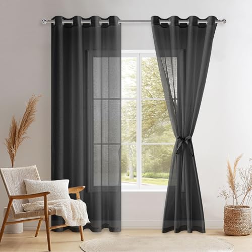 DWCN 2er Set Gardine Weiß Ösenschal Transparent Vorhang Weiß Sheer Voile Vorhänge mit Ösen Transparente Gardinen mit Vorhang-Krawatten, Schwarz, 240x140cm(HxB) von DWCN