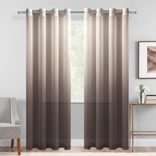 DWCN Faux Linen Ombre Sheer Vorhänge - Farbverlauf Halbvoile Ösen Top Fenster Vorhänge für Schlafzimmer und Wohnzimmer Set von 2 Panels, 132 x 213 cm lang, Schokoladenbraun von DWCN