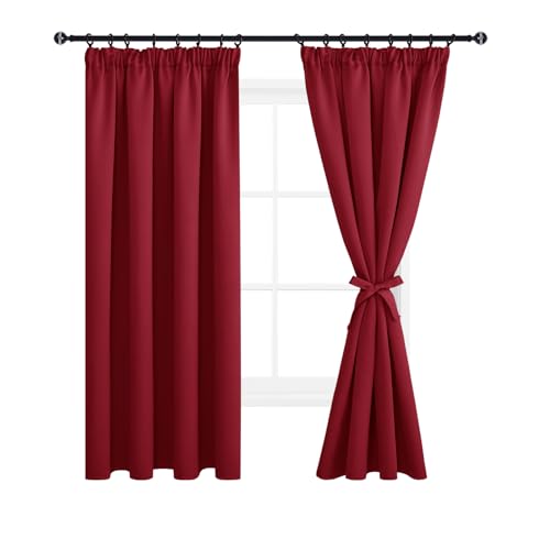 DWCN Fensterdeko Vorhänge mit Kräuselband Blickdicht Wohnzimmer mit Vorhang-Krawatten, Verdunkelungsvorhang Gardinen Kurz Thermogardine Wärmeisolierend, 137x117cm(HöhexBreite), Rot, 2er Set von DWCN