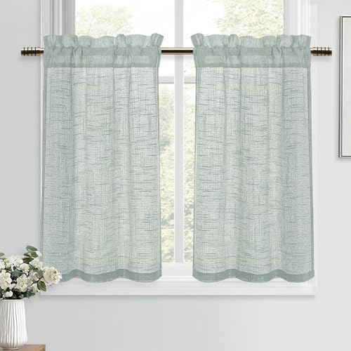 DWCN Grau-grün Scheibengardinen Leinenoptik Vorhänge Modern Fenstervorhänge Kurz 2 Stück H90xB60cm Vorhang Halbtransparent für Küchengardinen Wohnzimmer Schrankvorhang Kinderzimmer Gardine Badezimmer von DWCN