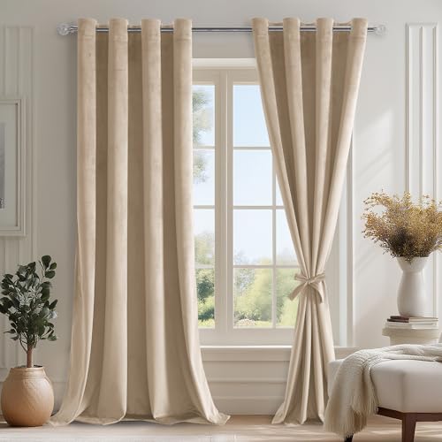 DWCN Hellbeige Samtvorhang Ösen 2er Set H245xB140cm mit Vorhang-Krawatten, Blickdichte Vorhänge Samt für Schlafzimmer Wohnzimmer, Weich Gardinen Verdunkelung Curtains Blickdicht Thermovorhang Winter von DWCN