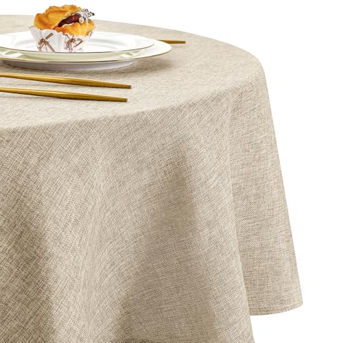 DWCN Leinen Beige Tischdecke Rund 160cm，Tischdecke Leinenoptik Abwaschbar Tischdecke Outdoor Tischdecke Wetterfest Tischwäsche für Esszimmer, Garten, Party, Hochzeiten, Haushalt Wohnzimmer, Balkon von DWCN