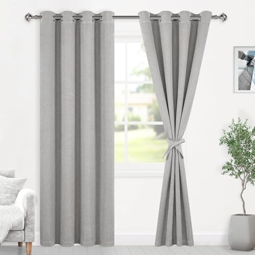 DWCN Leinenvorhänge, 100 % Verdunkelungsvorhänge für Glasschiebetür, Bauernhausvorhänge mit Raffhaltern, Thermovorhänge mit Ösen, 228 cm, Steingrau, 132 x 228 cm, 1 Paar von DWCN